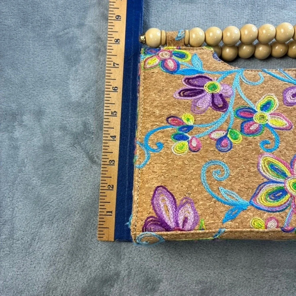 Floral Embroidered Cork Handbag Wooden Bead‎ Top Handle Satchel Tan Multi
